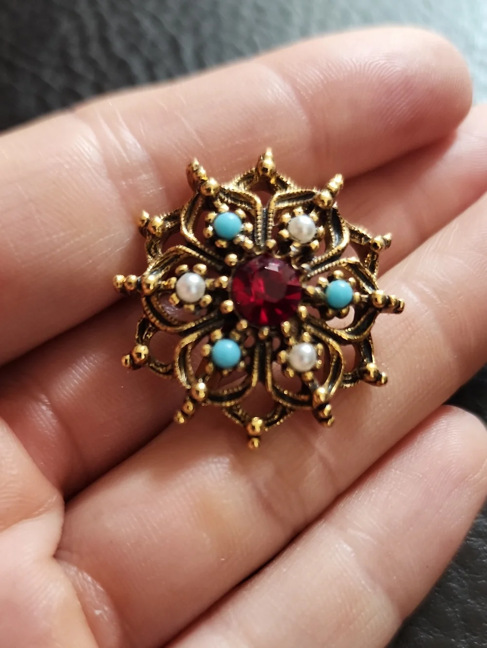 VTG Gold-Tone Floral Brooch with Red Crystal and Turquoise Accents